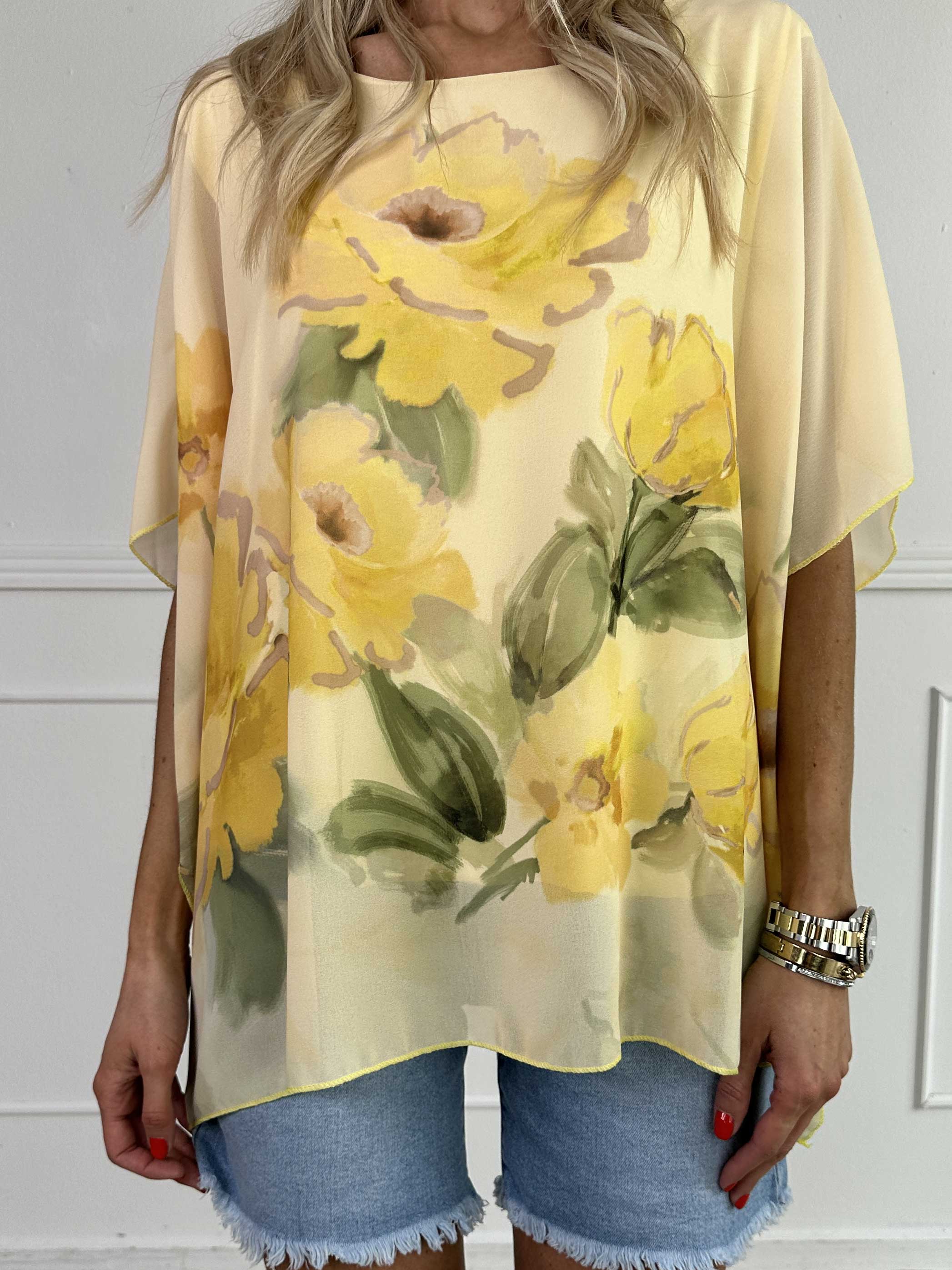 Mirabella Shirt - Sød tunika med løst chiffonlag med blomstermotiver